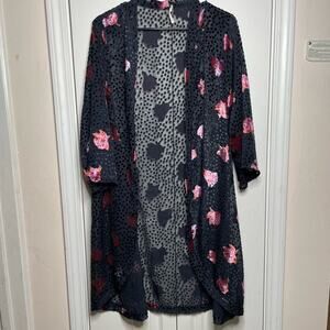 Floreat Anthropologie Black Velvet Polka Dot Roses Sheer Kimono Size XS/ Small